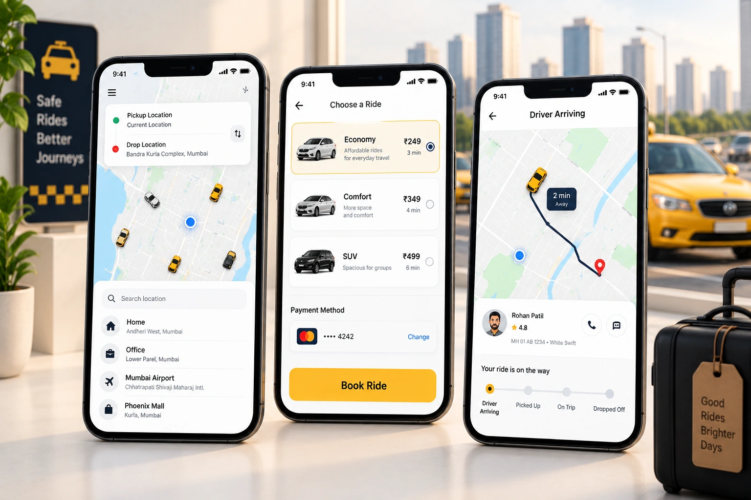 Modern cab booking app experience with premium city travel feel
