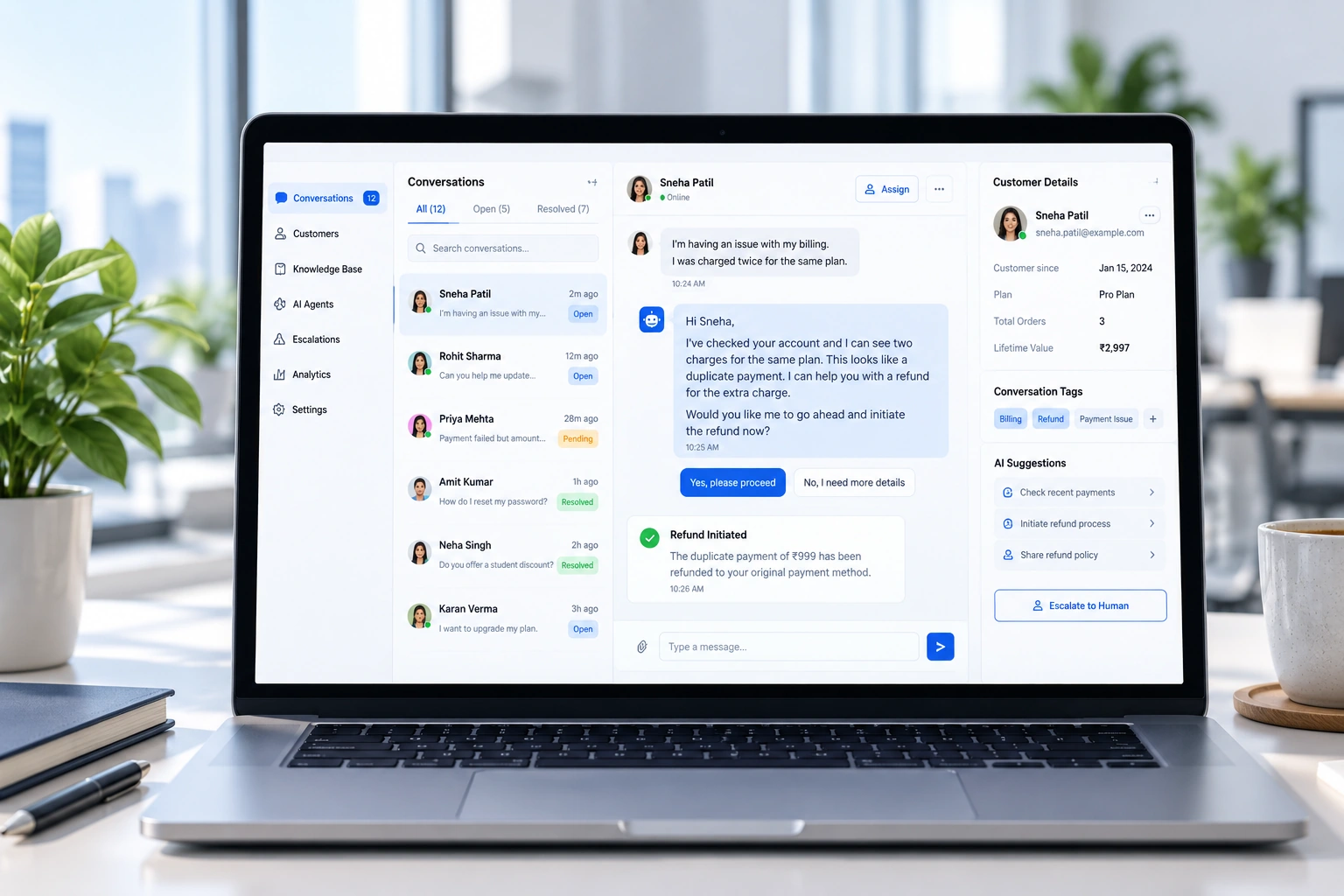 Business team reviewing AI app performance and conversational workflows