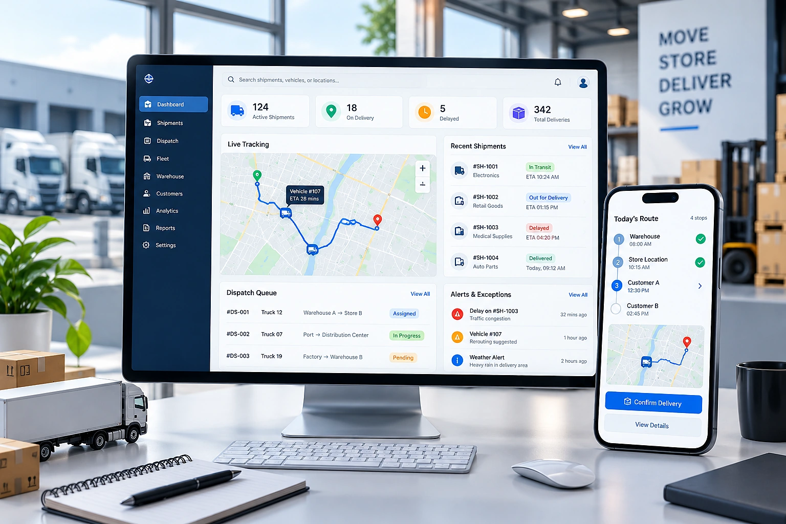 Logistics team using modern warehouse management software
