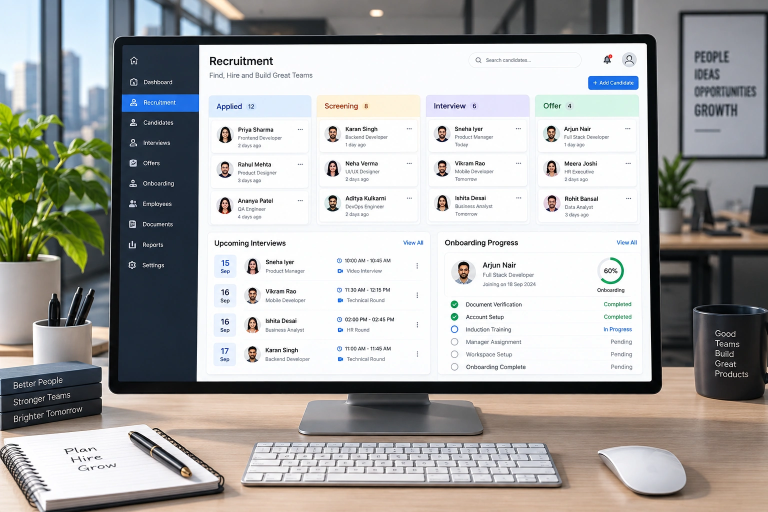 Modern HR software and people operations team collaborating in a premium office environment