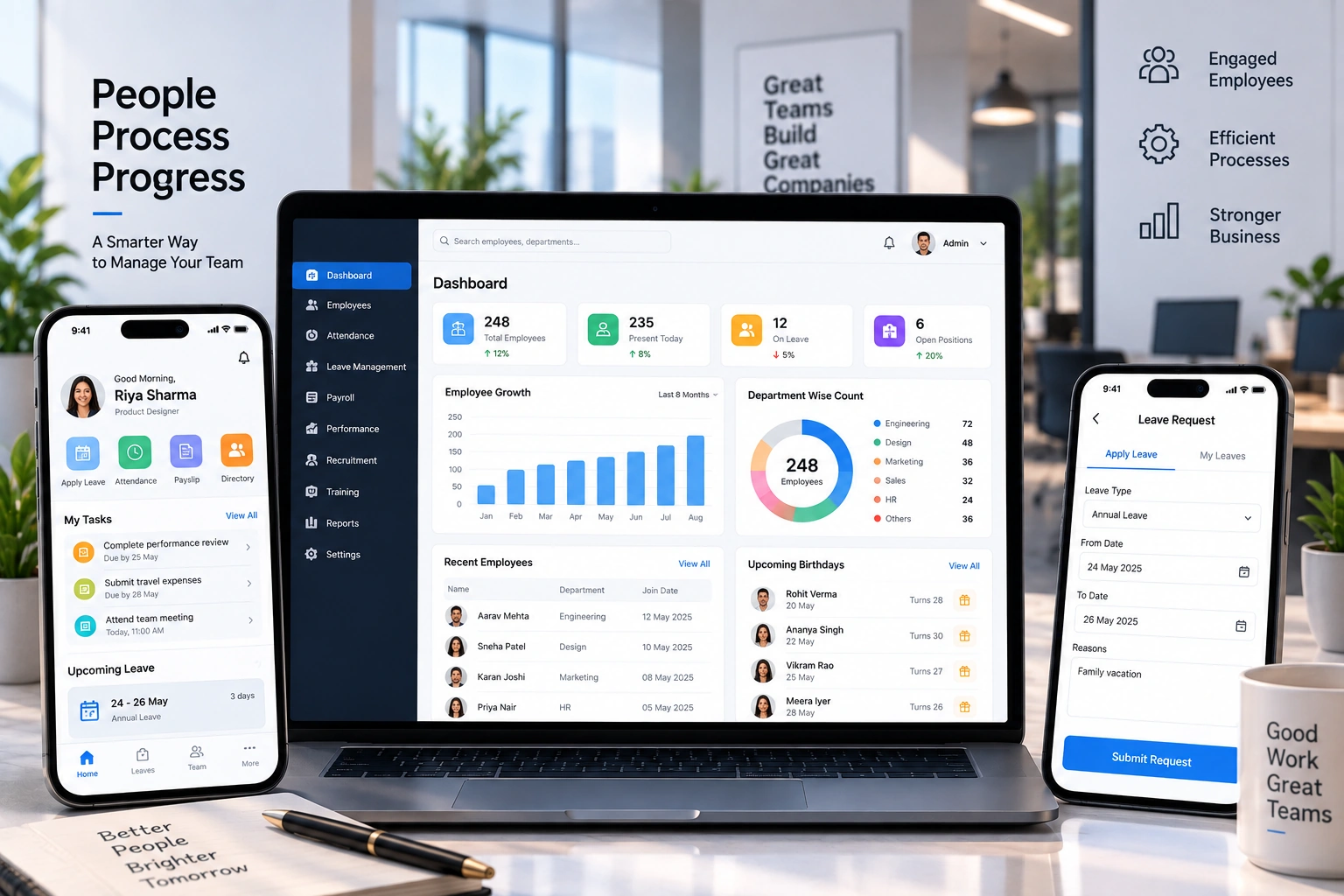 Business team reviewing HR software and employee operations